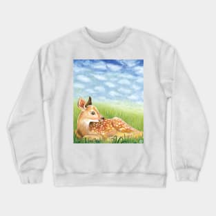 Baby Deer Fawn in Green Grass Illustration Crewneck Sweatshirt